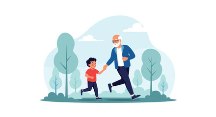 Fototapeta premium Grandfather and grandson running together in a lush green park on a sunny day, depicting family bonds and active lifestyle.