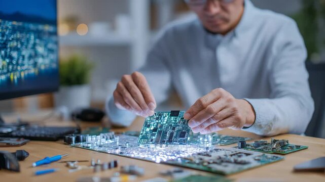 50Technologist&rsquo;s hands examining an illuminated circuit board, glowing soldering station in background, scattered capacitors and small screwdrivers on a wooden workbench, modern elec