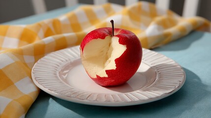 Red apple with a bite taken out of it on a white plate. The apple is cut in half and the bite taken out of the top half. The apple is surrounded by a yellow and white checkered cloth