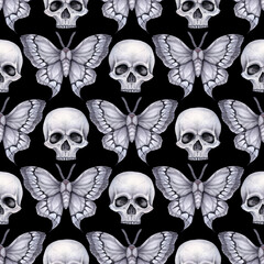 Fototapeta premium Seamless pattern with skulls and moths in gray tones on a black background. Hand-drawn in watercolor. For fabric, wrapping paper, cover, wallpaper.