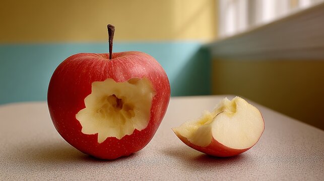 Red apple with a bite taken out of it. The bite is on the right side of the apple