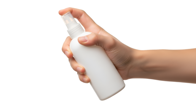 Hand holding white spray bottle with black background