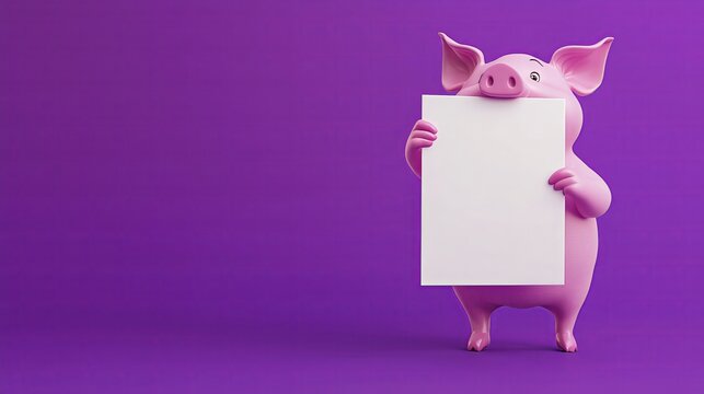 A cheerful pink pig holds a blank white sign, standing out against a solid purple background, evoking humor and simplicity. The image conveys whimsy, charm, and playful curiosity.