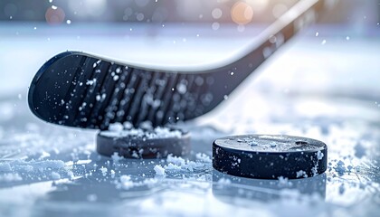 A dynamic close-up of an ice hockey stick and puck on a frozen, snow-dusted rink, poised for action in a winter sports game