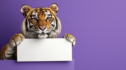 A tiger peers over a blank white sign against purple playful, bold, and ready to message. Majestic feline charm meets minimalist advertising flair.