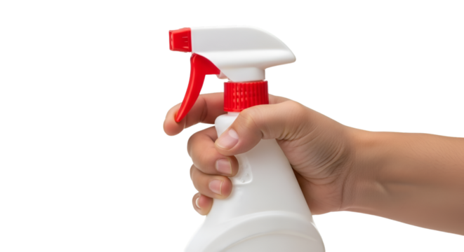 Hand Holding White Spray Bottle with Red Trigger cleaning