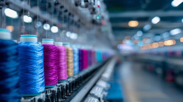 53Detailed shot of industrial sewing line, rows of machines and colorful threads in shallow focus