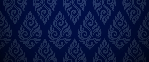Blue Vintage Thai Wallpaper with Traditional Ornamental Motifs for Elegant Backgrounds, Luxury Branding Projects, Decorative Layouts, Digital Designs, and Creative Use