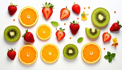 Naklejka premium Fresh Fruit Medley A Colorful Arrangement of Orange Slices, Strawberries, and Kiwis