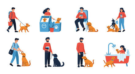 Fototapeta premium Set of various pet owners interacting with their dogs, depicting activities like walking, grooming, playing, and bathing, showcasing pet care.
