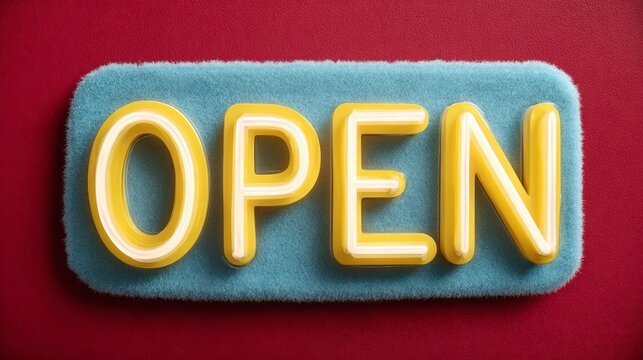 Neon sign that says Open on a red background. The sign is made of foam and has a yellow and blue color scheme - Powered by Adobe