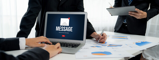Email notification message showing on computer screen brisk. Digital marketing message information text from business to customer client