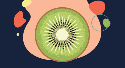 Close-up of a sliced kiwi fruit with seeds and vibrant green flesh, set against an abstract colorful background, symbolizing healthy eating.