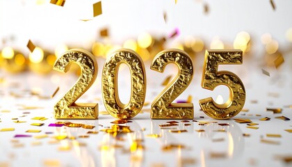 Golden 2025 inscription with falling confetti and bokeh lights celebrating the new year