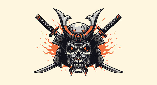 A stylized illustration featuring a skull wearing samurai armor, with crossed swords and fiery elements.