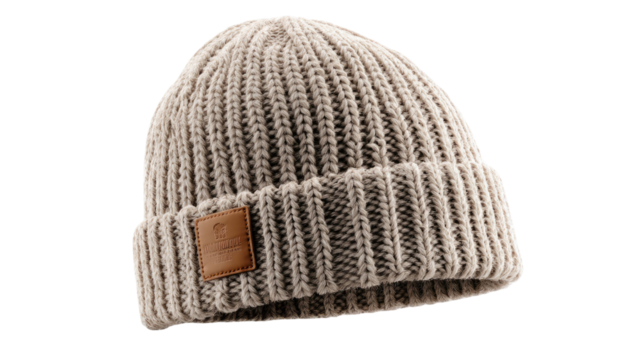 Knitted wool hat featuring warm textured stitching, soft cozy winter fabric style, and detailed handcrafted pattern elements isolated on white background