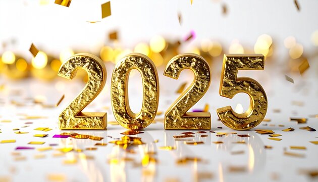Golden 2025 inscription with falling confetti and bokeh lights celebrating the new year - Powered by Adobe
