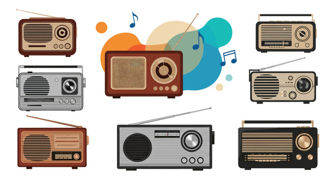 Collection of various retro and vintage radio receivers with musical notes and abstract shapes, showcasing nostalgic sound devices.