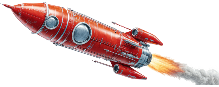 Red Rocket Spacecraft Launching with Fire and Smoke in White Background