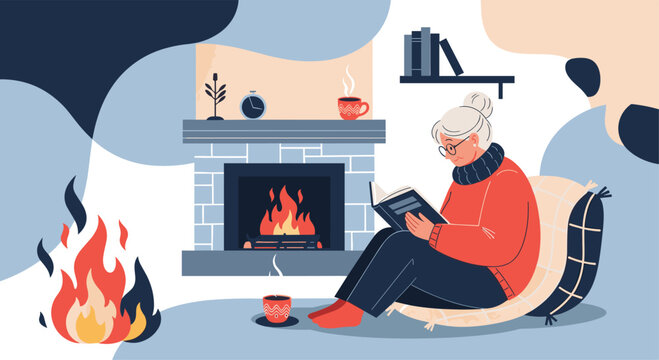 Happy elderly woman reading a book by a cozy fireplace with abstract blue shapes in the background, depicting winter relaxation and leisure.