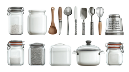 Vector set of kitchen utensils including spoons, spatulas, ladles, whisks, and cookware arranged neatly isolated on white background