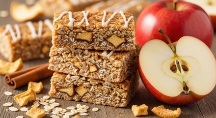 Stack of apple cinnamon granola bars with fresh and dried apples and oats on a wooden surface.