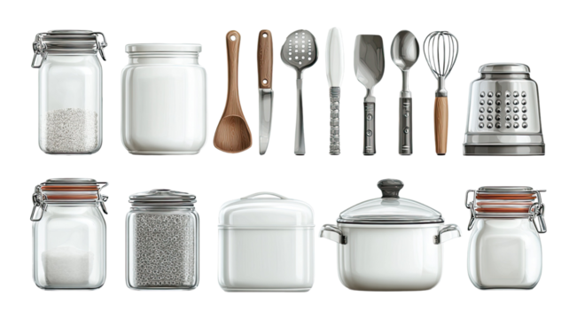 Vector set of kitchen utensils including spoons, spatulas, ladles, whisks, and cookware arranged neatly isolated on white background