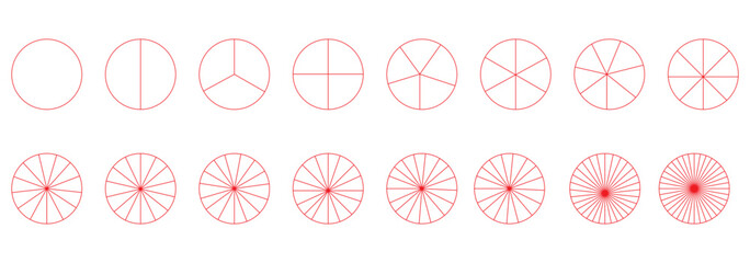 Segmented circles set. Diagram wheel parts. Line art segment slice sign. Circle section graph. Pie chart icon. Round diagram part infographic. Geometric element. Vector illustration