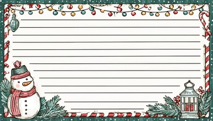  snowman with a lantern, on the left side of a lined writing paper background 