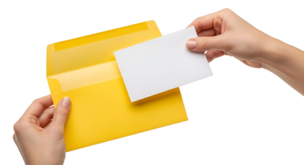 Hand inserting blank card into yellow envelope white
