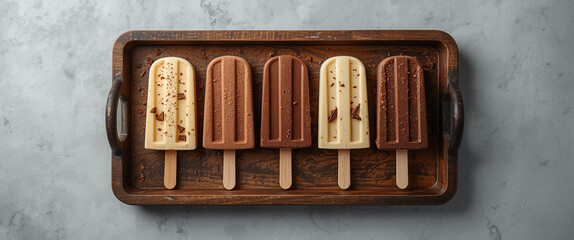 Photography of assorted ice cream flavors arranged neatly on a wooden tray. Gentle highlights, minimal styling, and balanced tone create elegant, high-quality presentation suitable