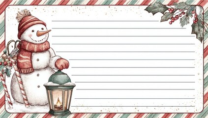  snowman with a lantern, on the left side of a lined writing paper background 