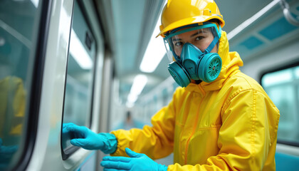 Man in yellow protective suit cleans train interior. Worker wears mask, gloves, and hard hat to sanitize public transport. Cleaning service ensures passenger safety and hygiene.