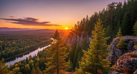 Majestic Wilderness River and Forest Panorama at Golden Hour Sunset