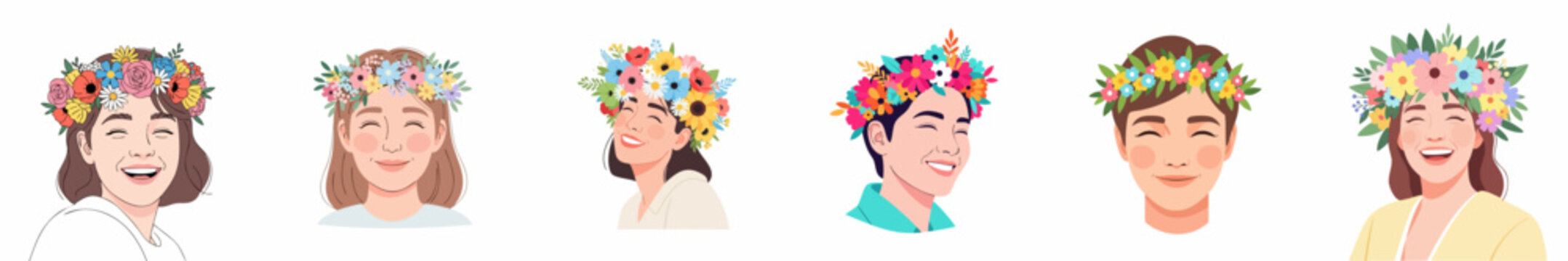 Simple Illustration Group of People Wearing Floral Crown Head Accessories