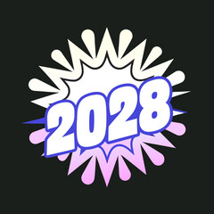 A dynamic comicstyle graphic for the year 2028, featuring a burst design with vibrant colors, perfect for celebrating the upcoming new year