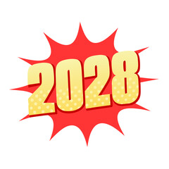 A vibrant and festive illustration showcasing the year 2028 in a dynamic explosion design, , perfect for new year themes