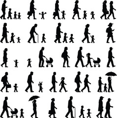 Collection of diverse walking people silhouettes including adults, children, families, seniors, pedestrians and strollers for urban scene illustration design