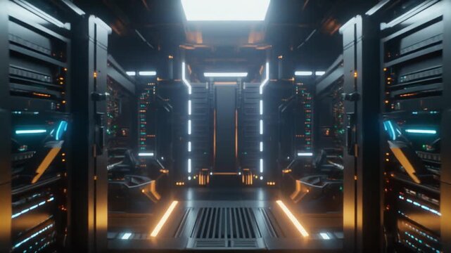 Data centers neonlit server rows stretch
