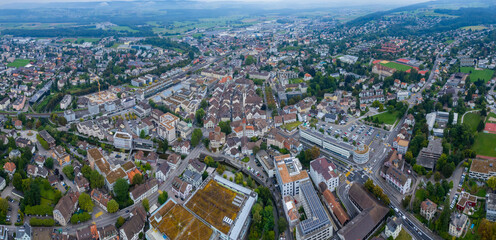 Aerial view around the old town of the city Frauenfeld in Switzerland on a overcast day in summer.
