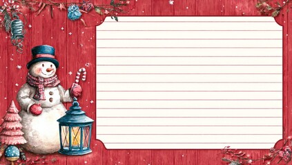  snowman with a lantern, on the left side of a lined writing paper background 