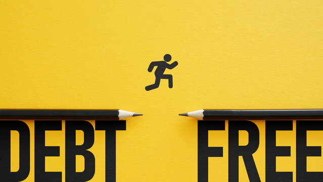 Debt free meaning solving of business consumer burden, financial borrow or mortgage. Financial freedom, ending credit payments and bank loans