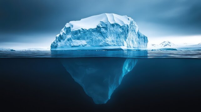 A single, large iceberg floating in a calm, dark arctic sea, its intricate blue-ice details visible above and below the water, stark beauty, minimalist composition. 