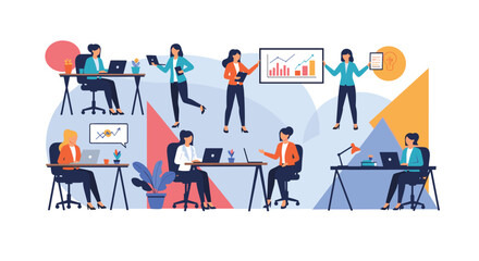 Dynamic set of female business professionals in an office environment, working on laptops, presenting data, and collaborating efficiently.