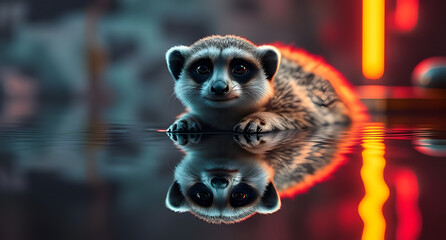 Naklejka premium Photo-realistic meerkat reflecting in mirrored water with neon glow accents