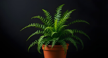 Potted fern styled fresh, placed against dark gradient, shown with cinematic lighting