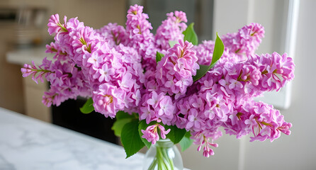 Radiant bouquet of lilac sprigs in glass vase, on marble countertop