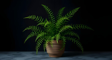 Potted fern styled fresh, placed against dark gradient, shown with cinematic lighting