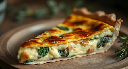Quiche slice styled delicate, placed with slight motion blur, shown with cinematic lighting