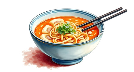 Ramen bowl styled delicate, placed on white background, painted in oil pastel
